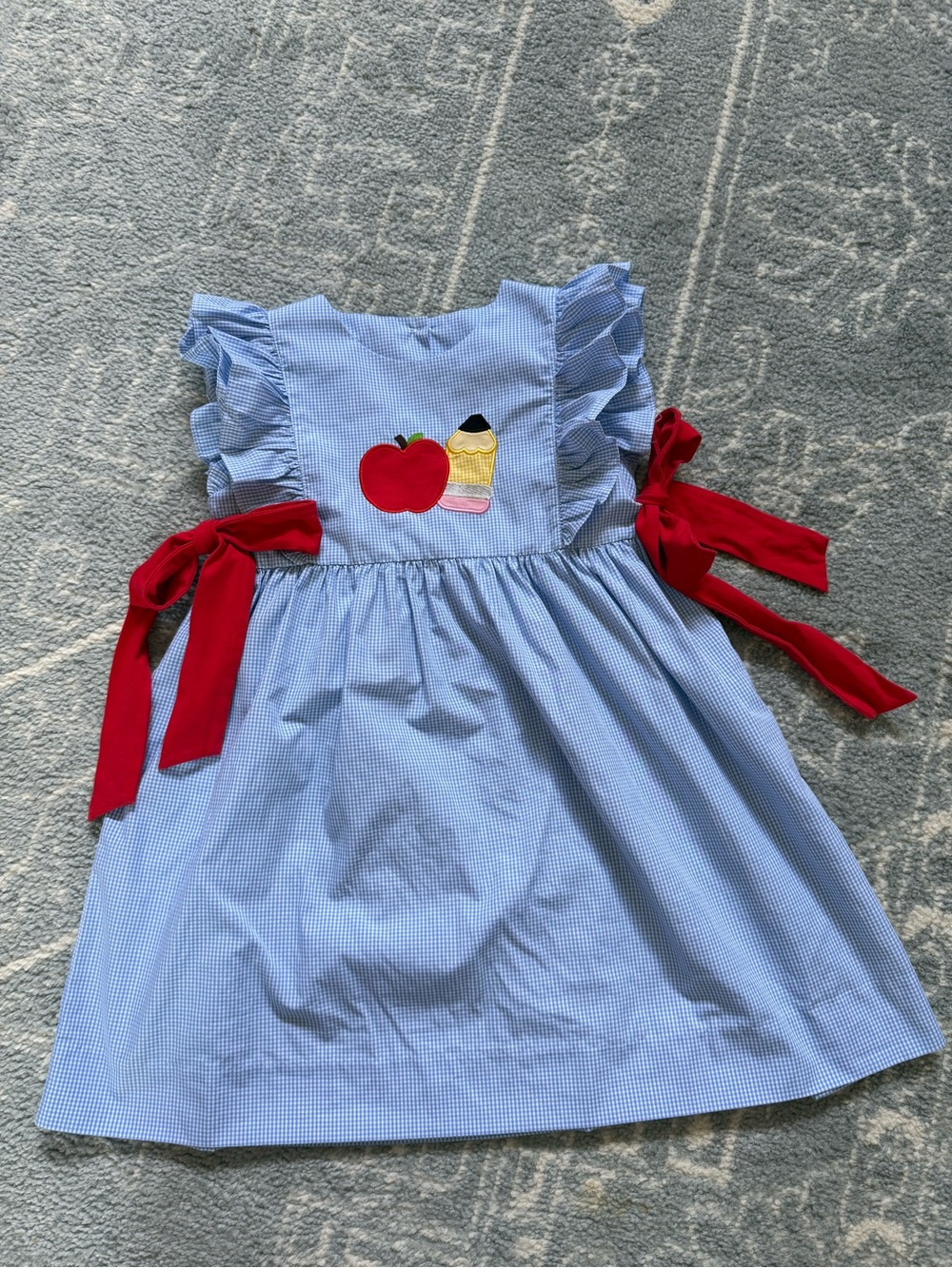 Stitchy Fish Back to School Applique Side Tie Dress, Blue Gingham